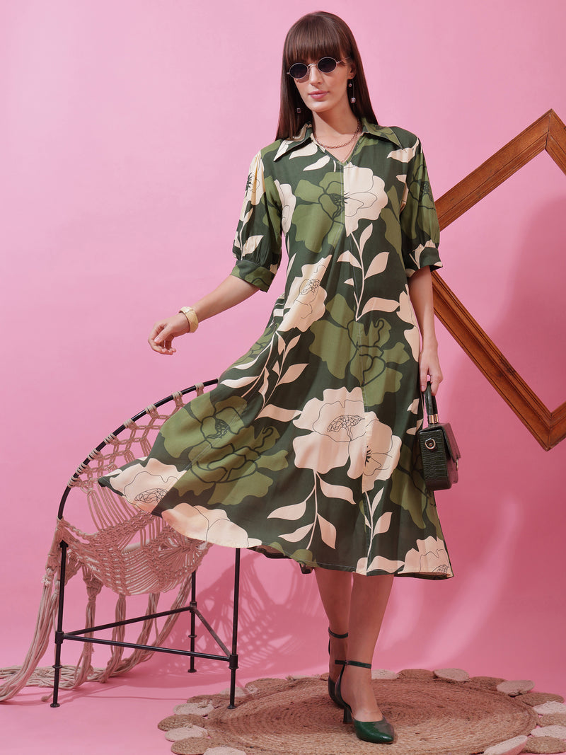 Green Shirt Collar A-Line Midi Dress