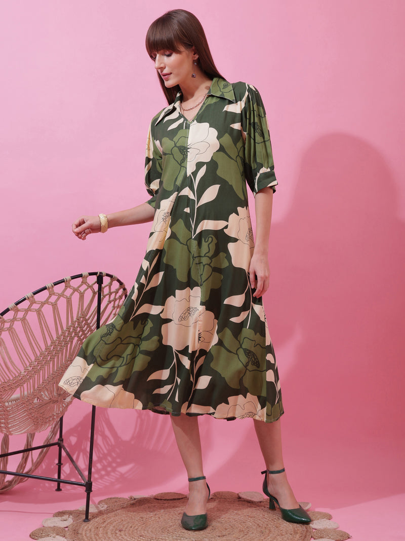 Green Shirt Collar A-Line Midi Dress