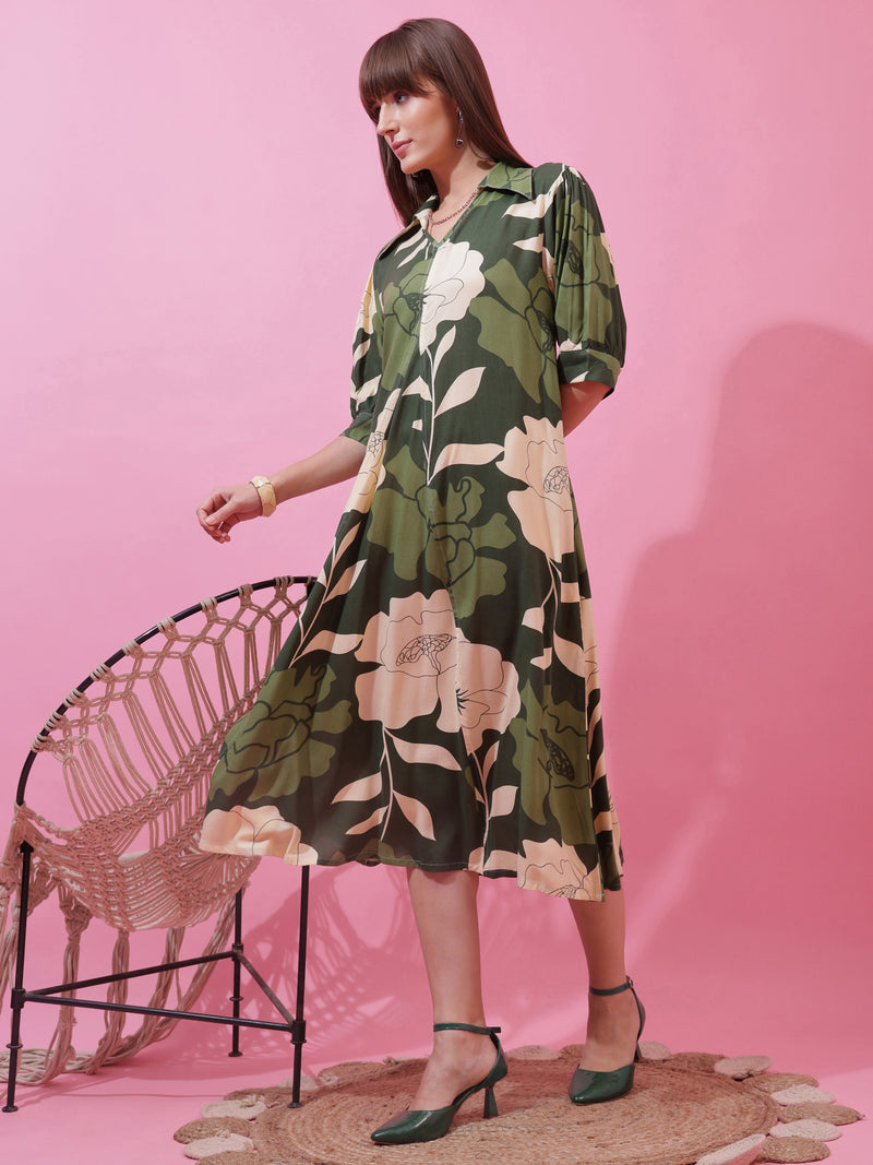 Green Shirt Collar A-Line Midi Dress