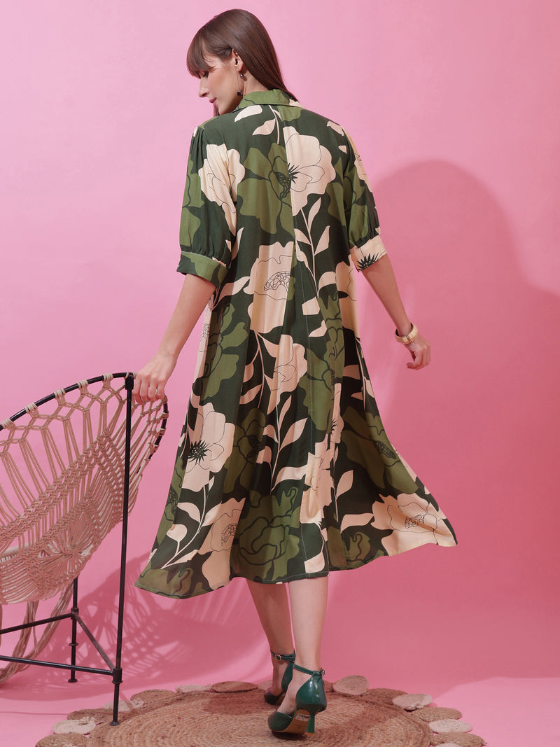 Green Shirt Collar A-Line Midi Dress