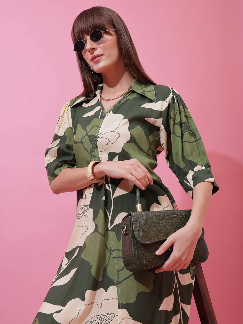 Green Shirt Collar A-Line Midi Dress