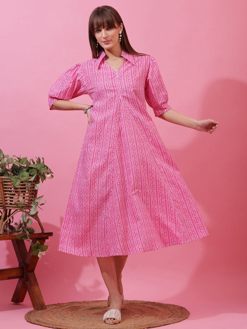 Pink Shirt Collar A-Line Midi Dress