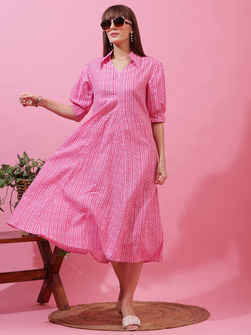 Pink Shirt Collar A-Line Midi Dress