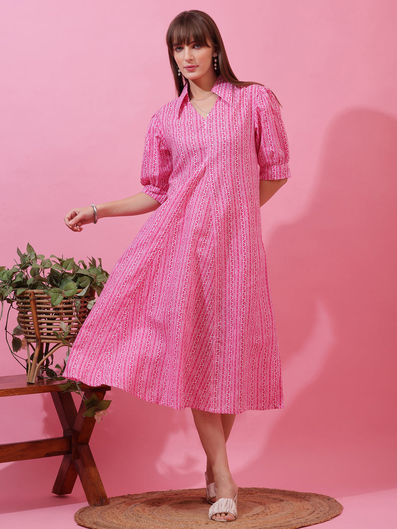 Pink Shirt Collar A-Line Midi Dress