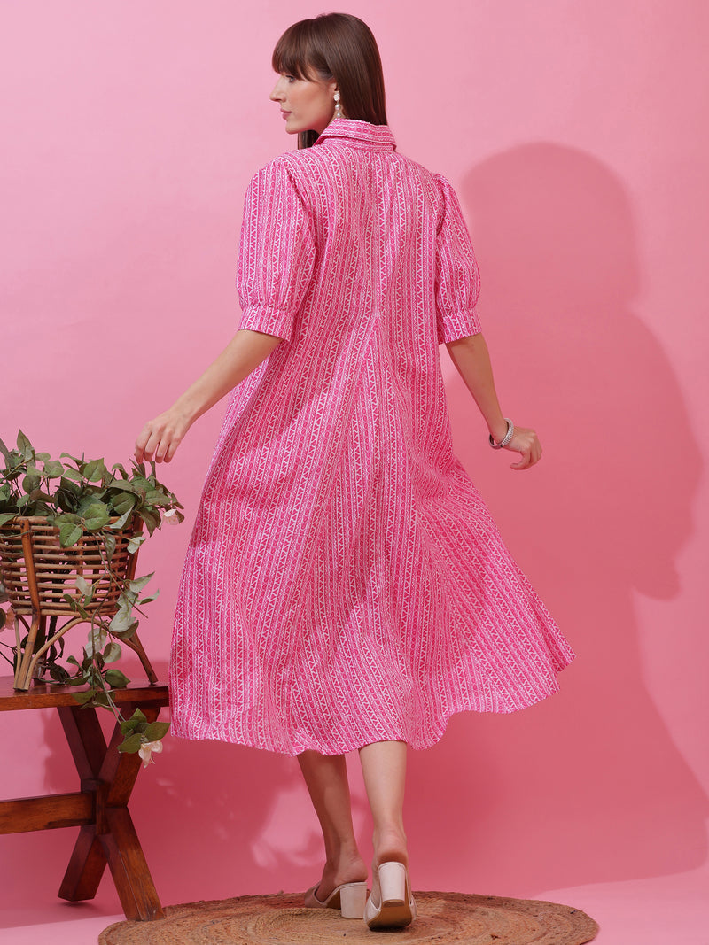 Pink Shirt Collar A-Line Midi Dress