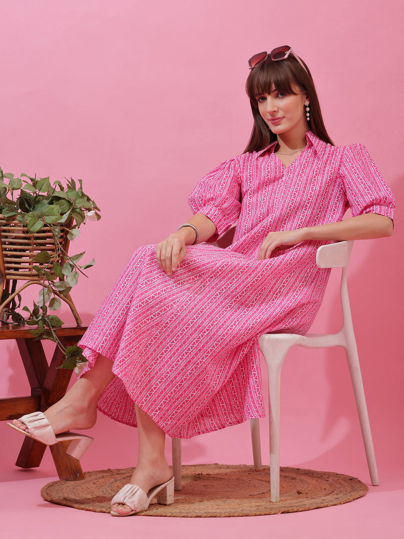 Pink Shirt Collar A-Line Midi Dress