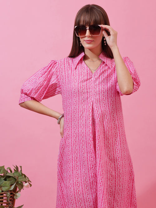 Pink Shirt Collar A-Line Midi Dress