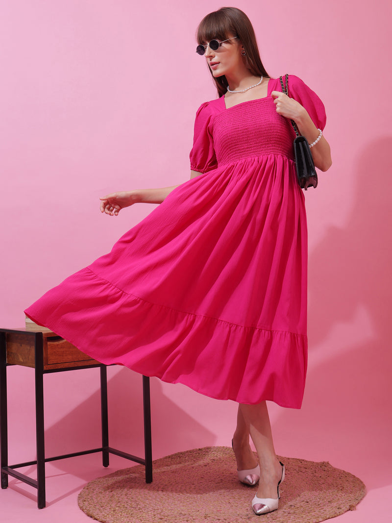 Pink Solid Smocked Fit and Flare Midi Dress