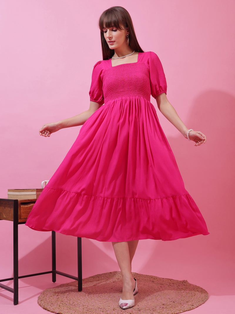 Pink Solid Smocked Fit and Flare Midi Dress