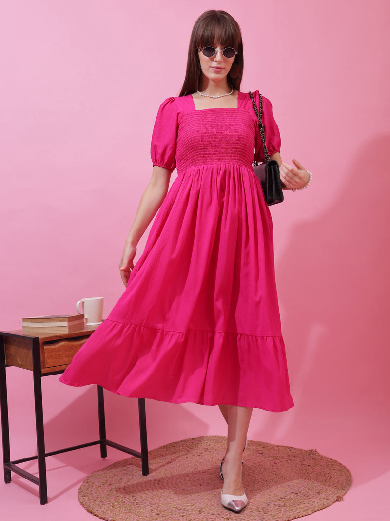 Pink Solid Smocked Fit and Flare Midi Dress