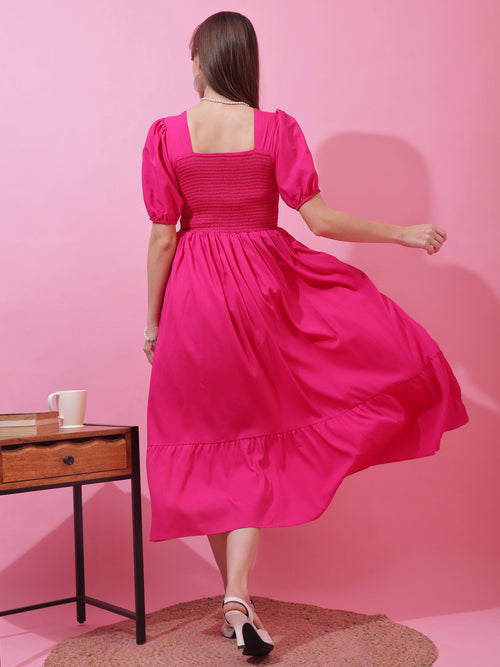 Pink Solid Smocked Fit and Flare Midi Dress