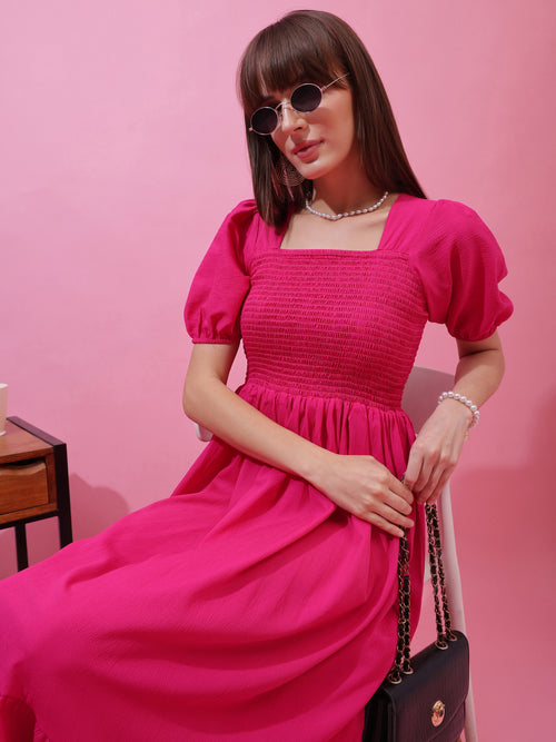 Pink Solid Smocked Fit and Flare Midi Dress