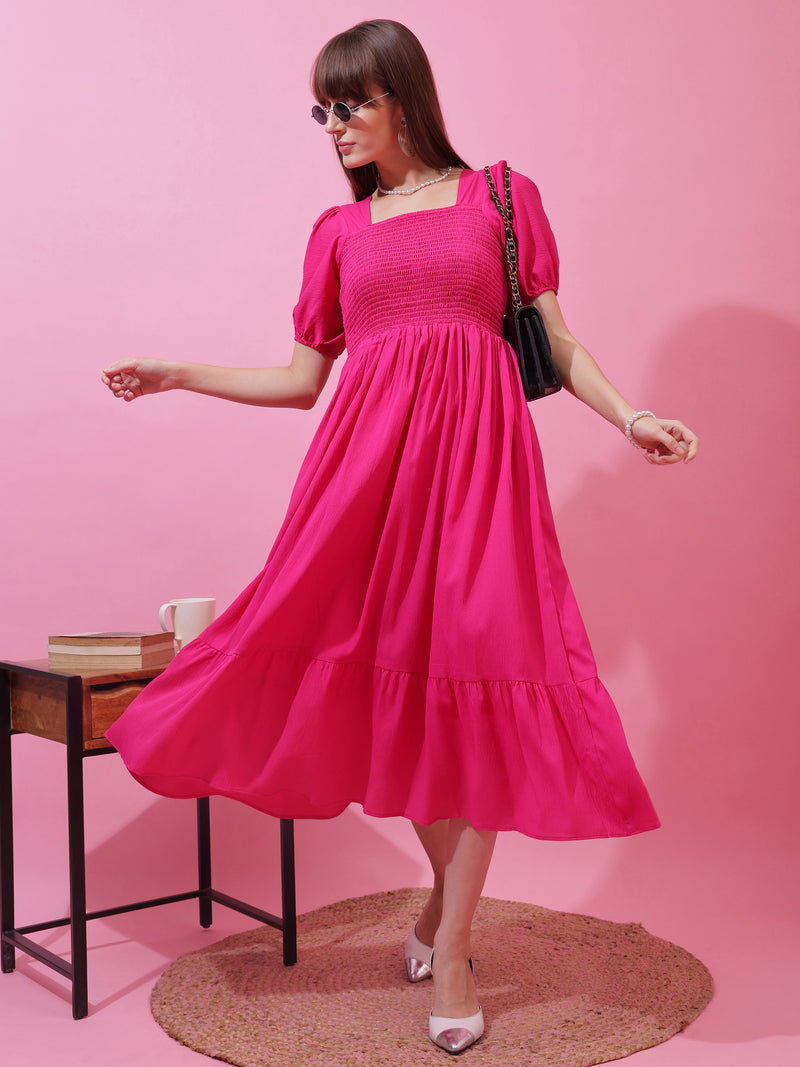 Pink Solid Smocked Fit and Flare Midi Dress