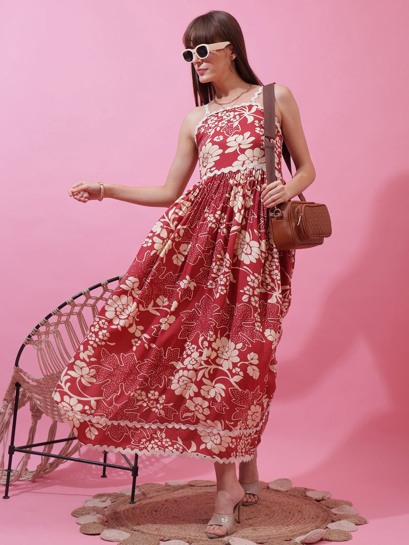Red Floral Print Shoulder Straps Dress