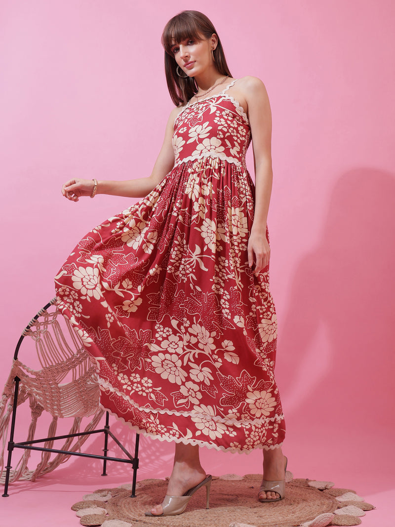 Red Floral Print Shoulder Straps Dress