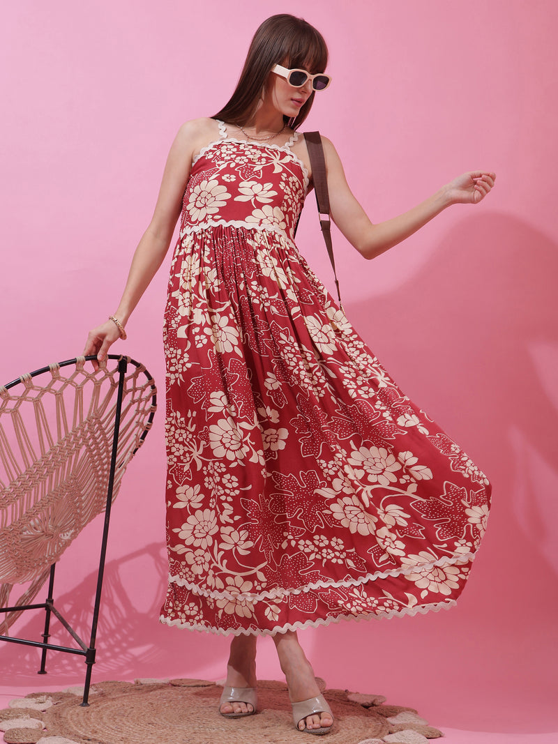Red Floral Print Shoulder Straps Dress