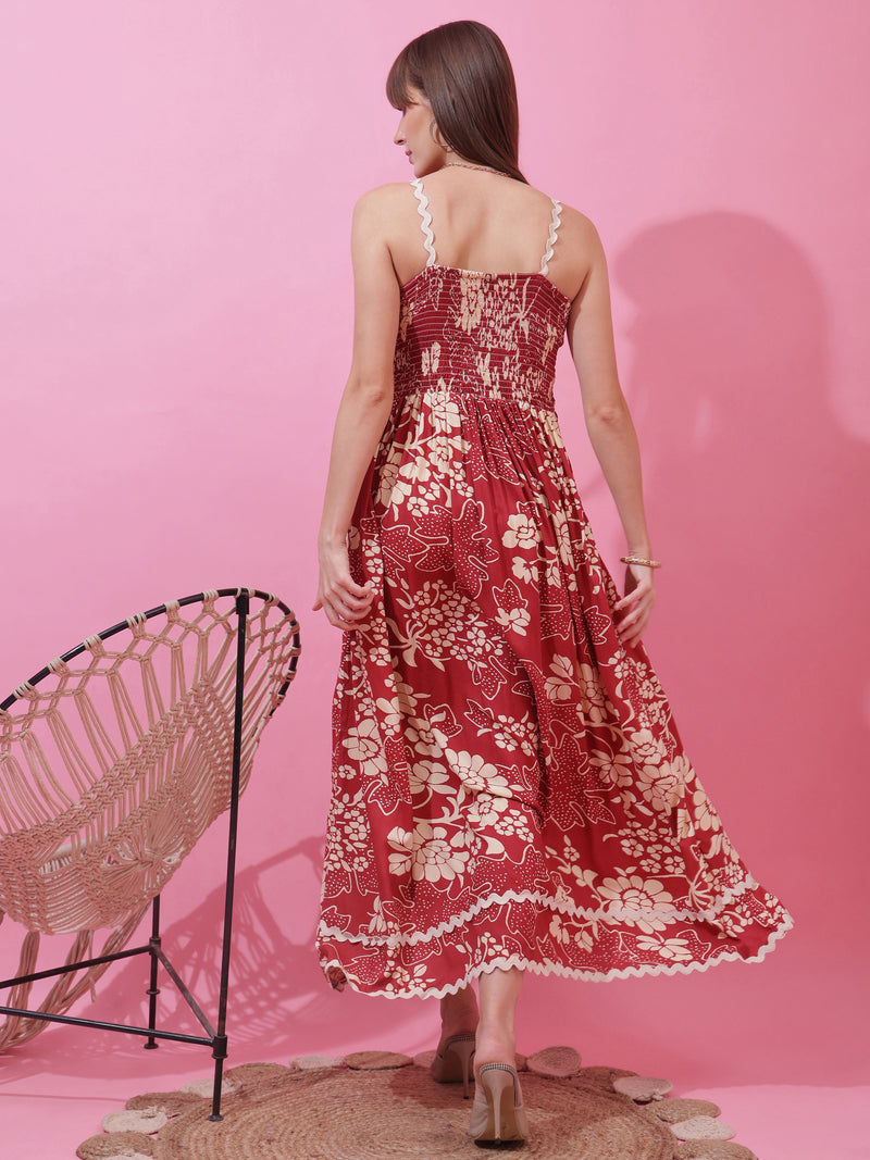 Red Floral Print Shoulder Straps Dress