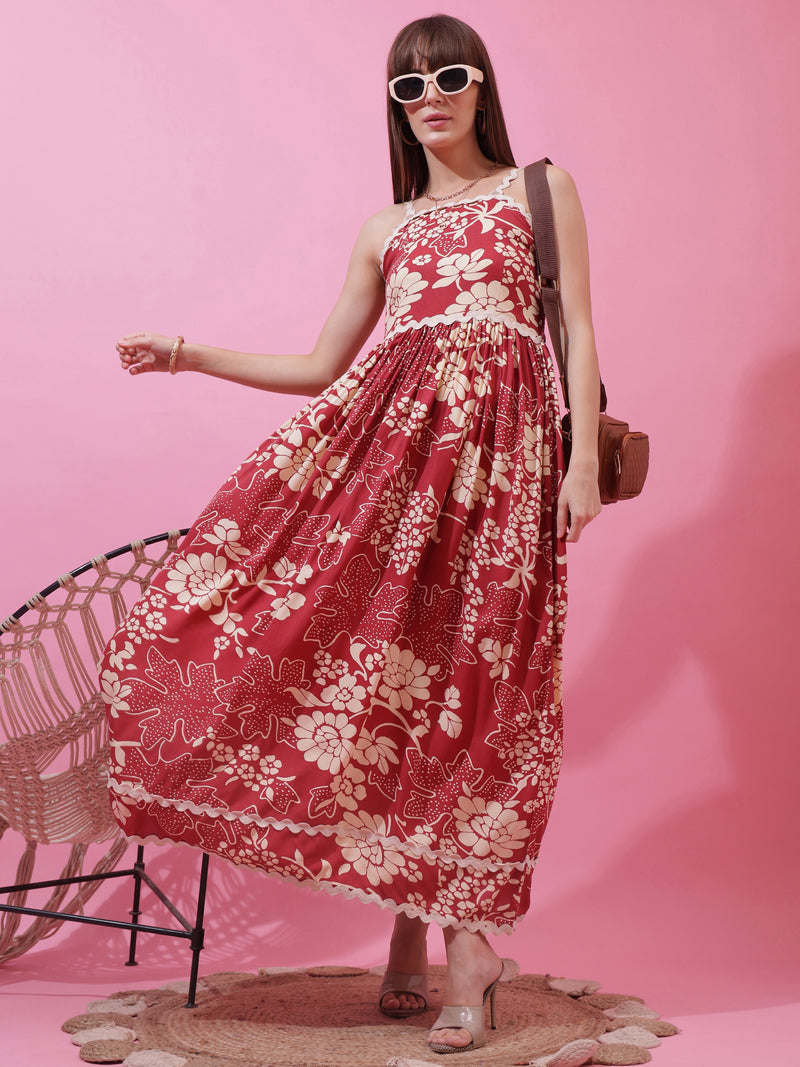 Red Floral Print Shoulder Straps Dress