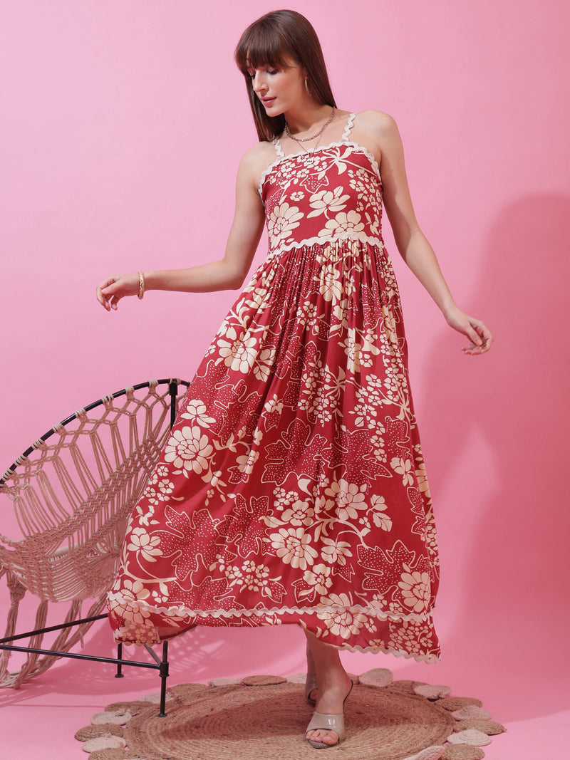 Red Floral Print Shoulder Straps Dress