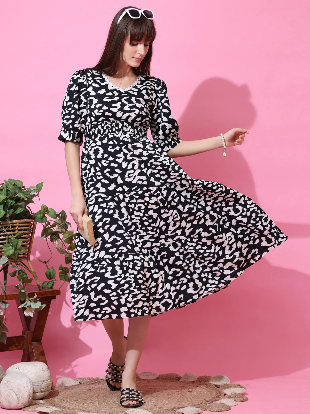 Monochrome Muse Fit & Flare Midi Dress