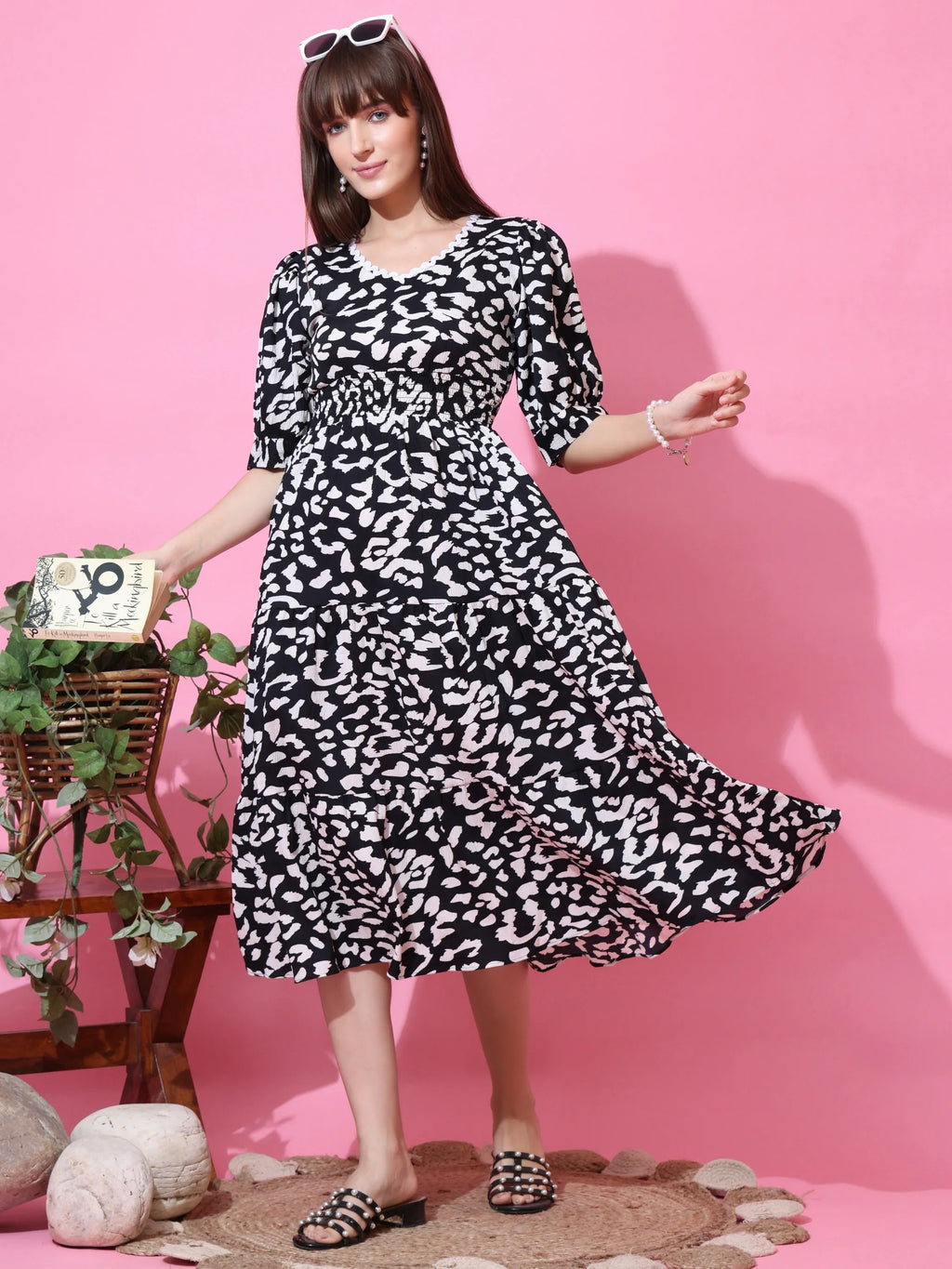 Monochrome Muse Fit & Flare Midi Dress