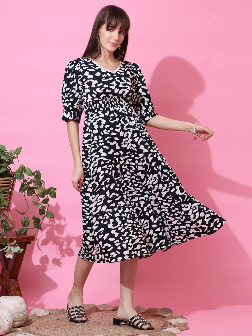Monochrome Muse Fit & Flare Midi Dress