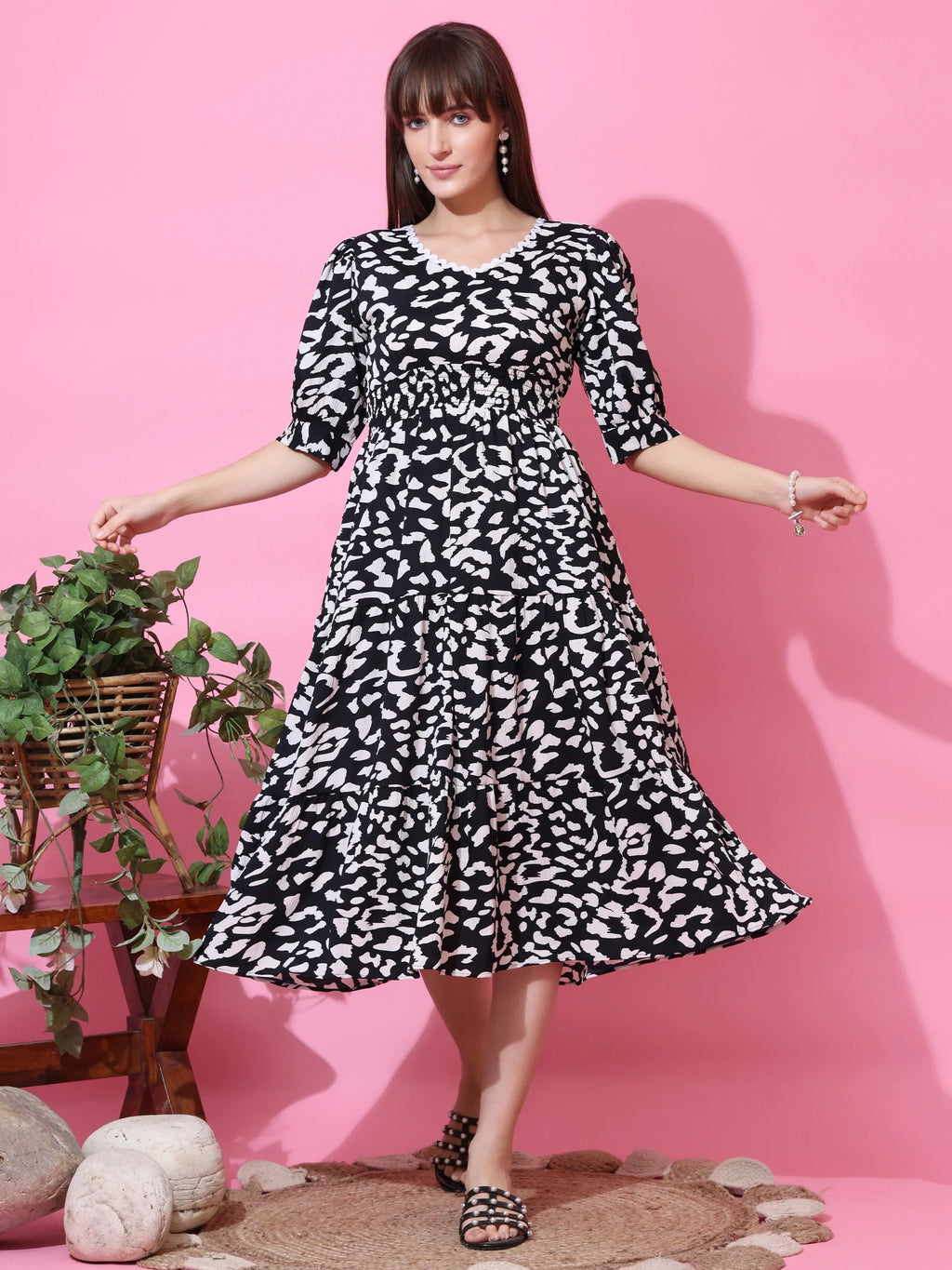 Monochrome Muse Fit & Flare Midi Dress