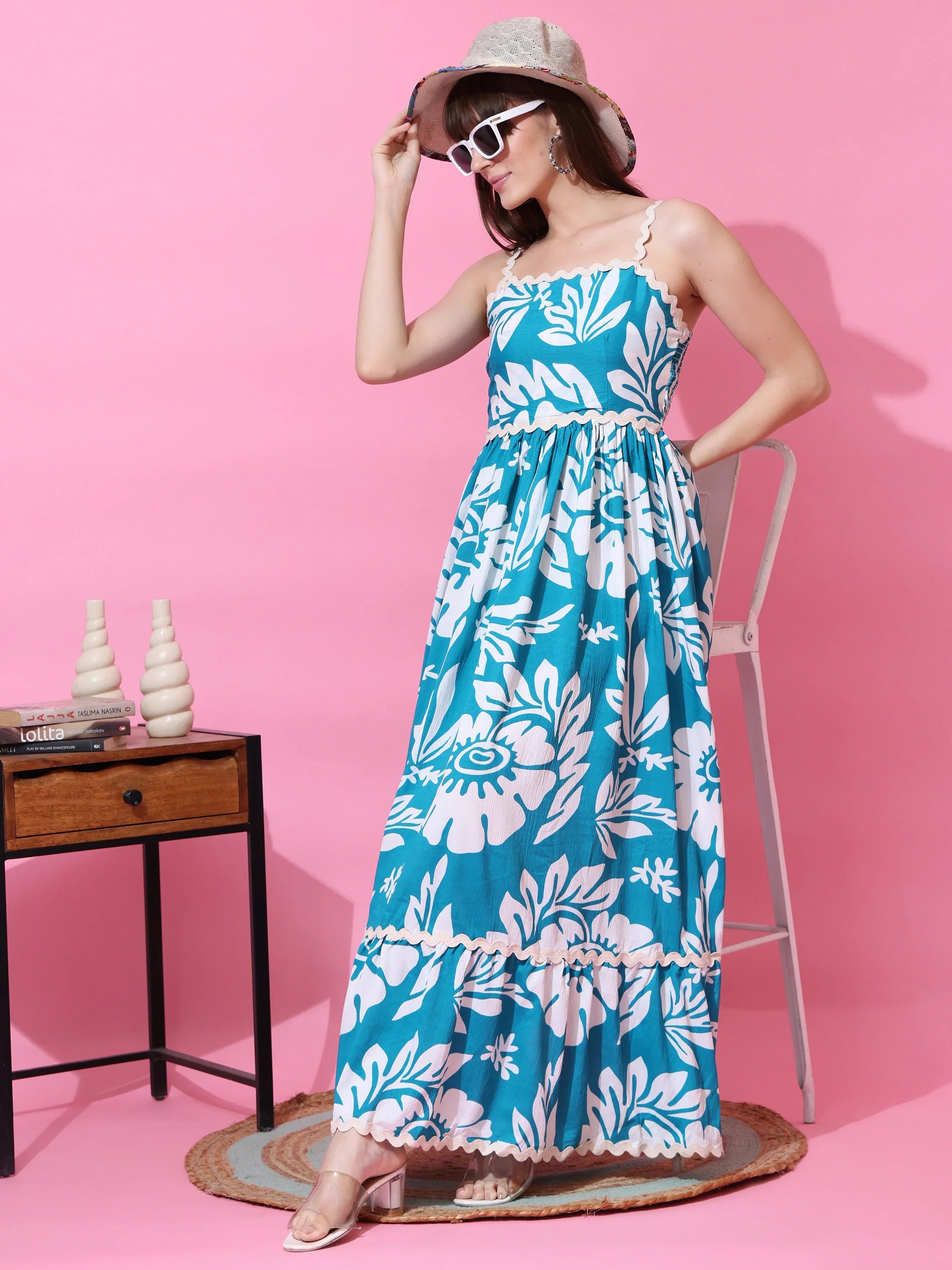 Sky Blossom Fit & Flare Maxi Dress