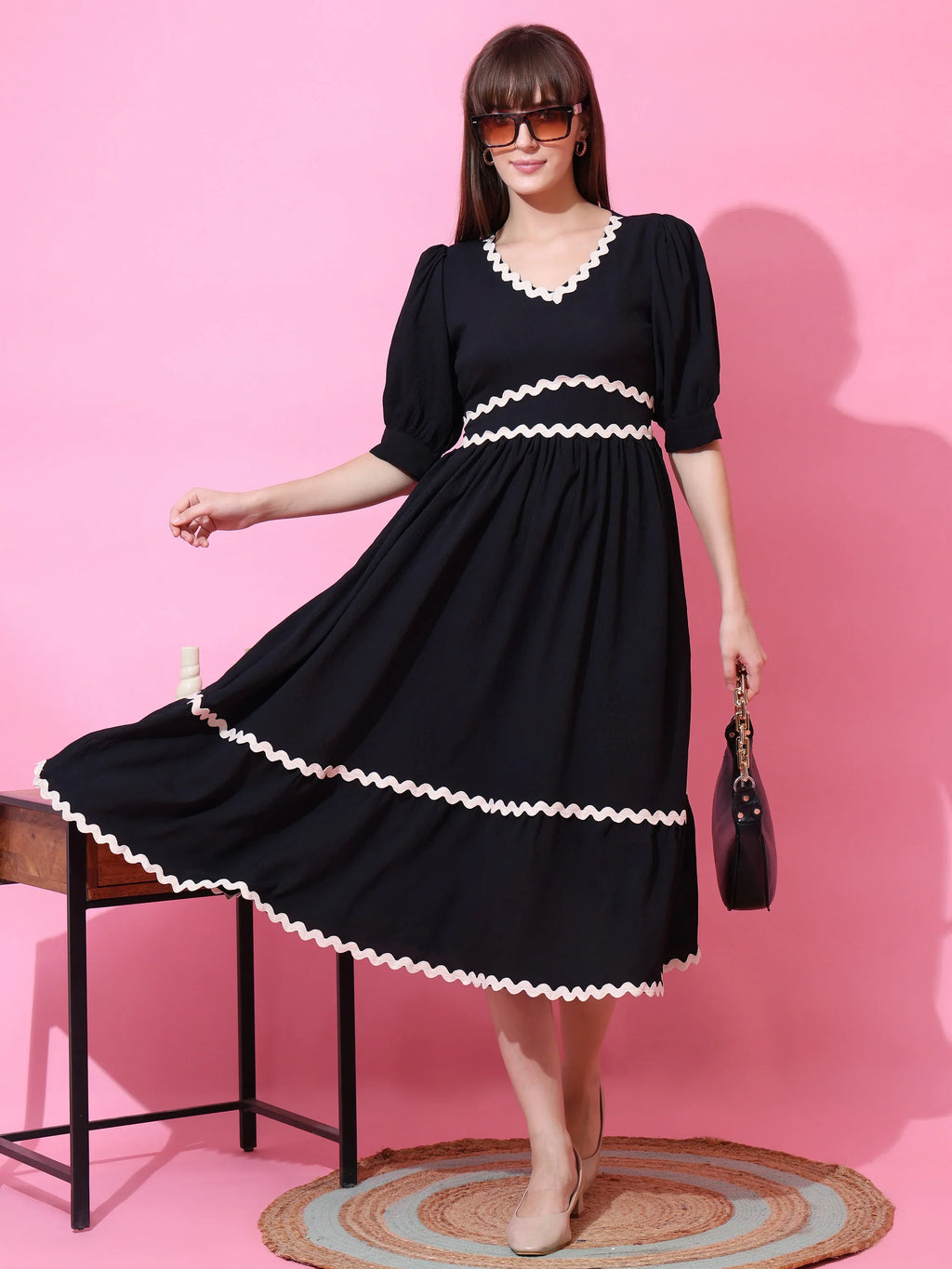 Classic Black Solid Flared Midi Dress