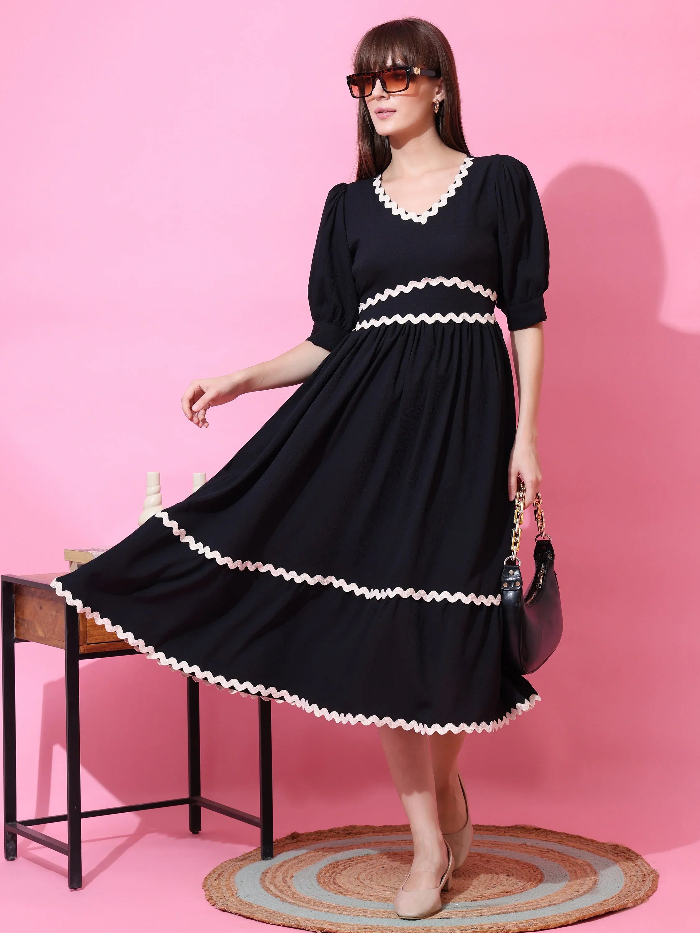Classic Black Solid Flared Midi Dress