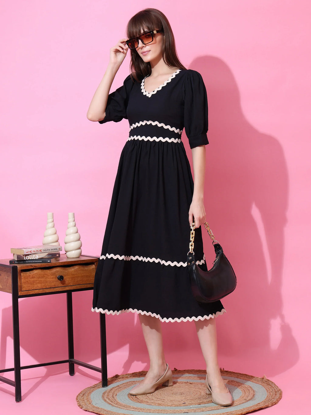 Classic Black Solid Flared Midi Dress