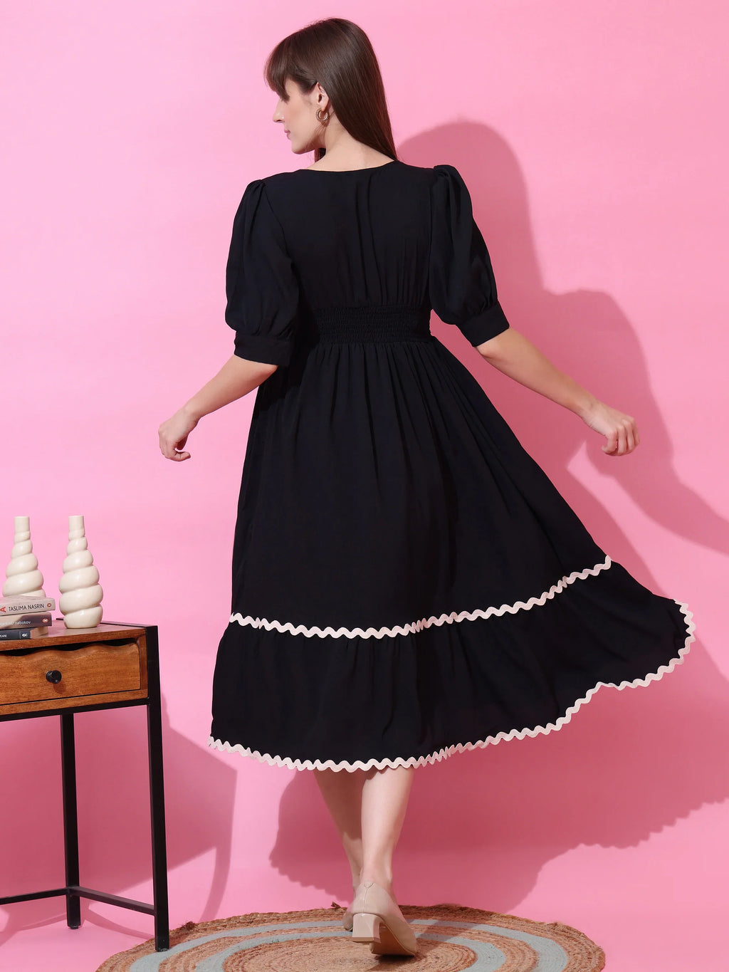 Classic Black Solid Flared Midi Dress