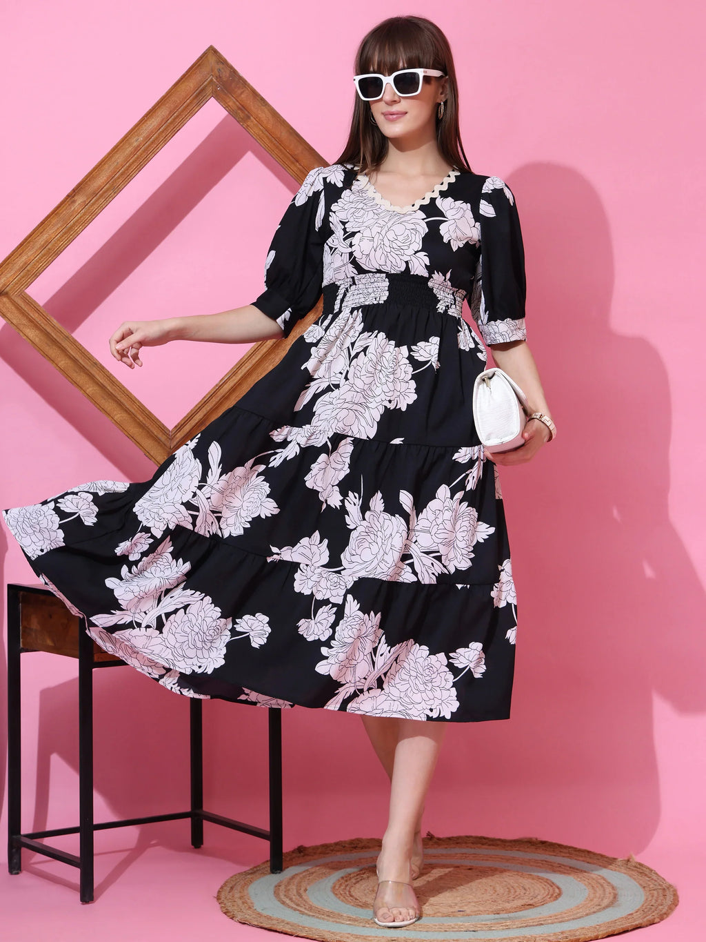 Elegant Noir Floral Midi Dress