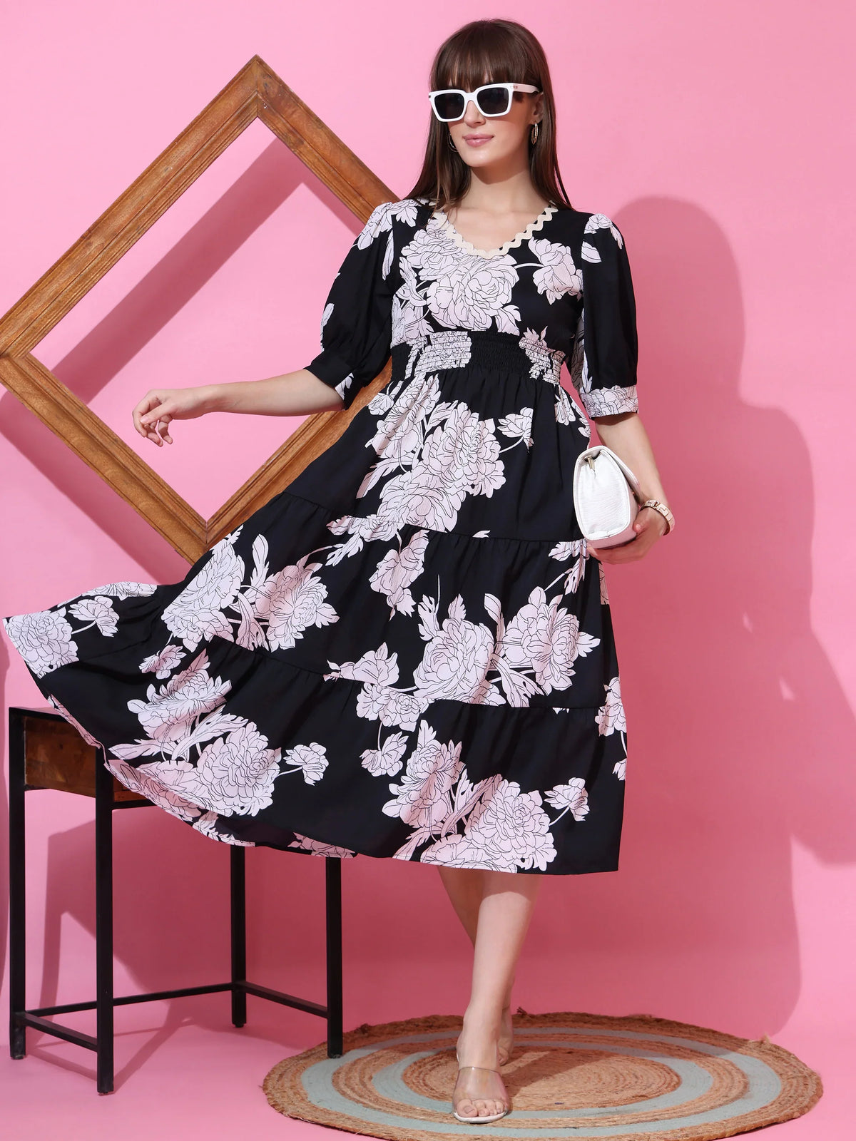 Elegant Noir Floral Midi Dress