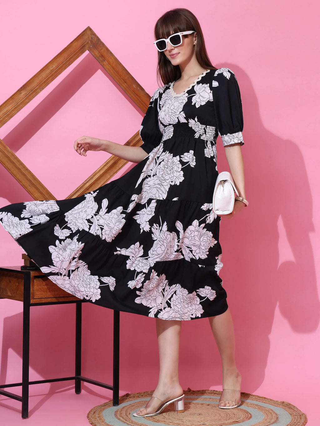 Elegant Noir Floral Midi Dress