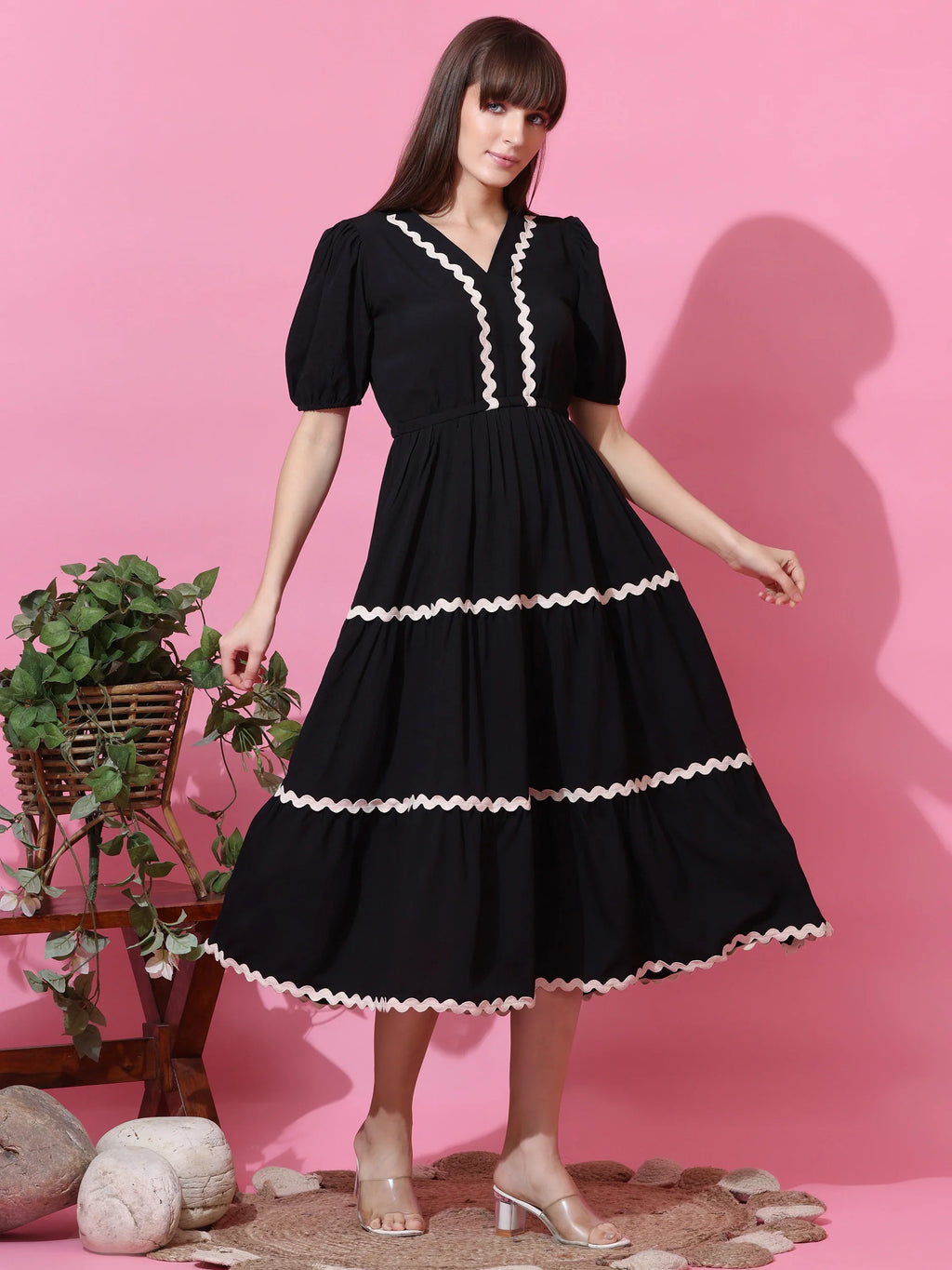 Black Aura Fit & Flare Midi Dress