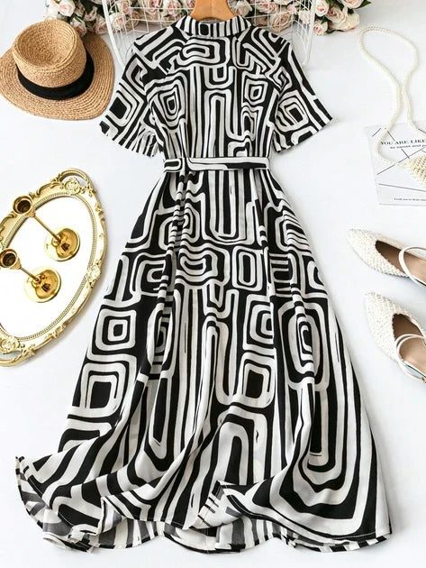 Monochrome Geo Fit & Flare Shirt Dress