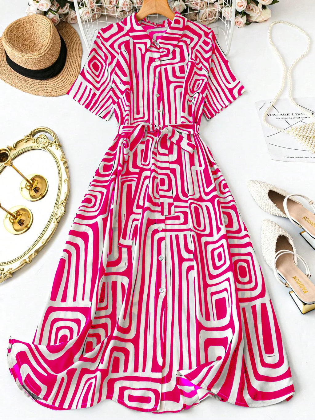 Chic Pink Geometric Shirt Dress