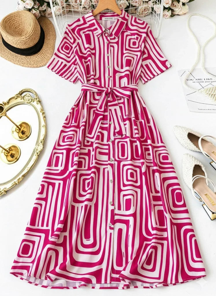 Chic Pink Geometric Shirt Dress