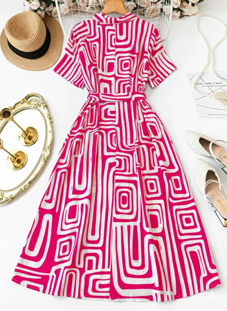 Chic Pink Geometric Shirt Dress