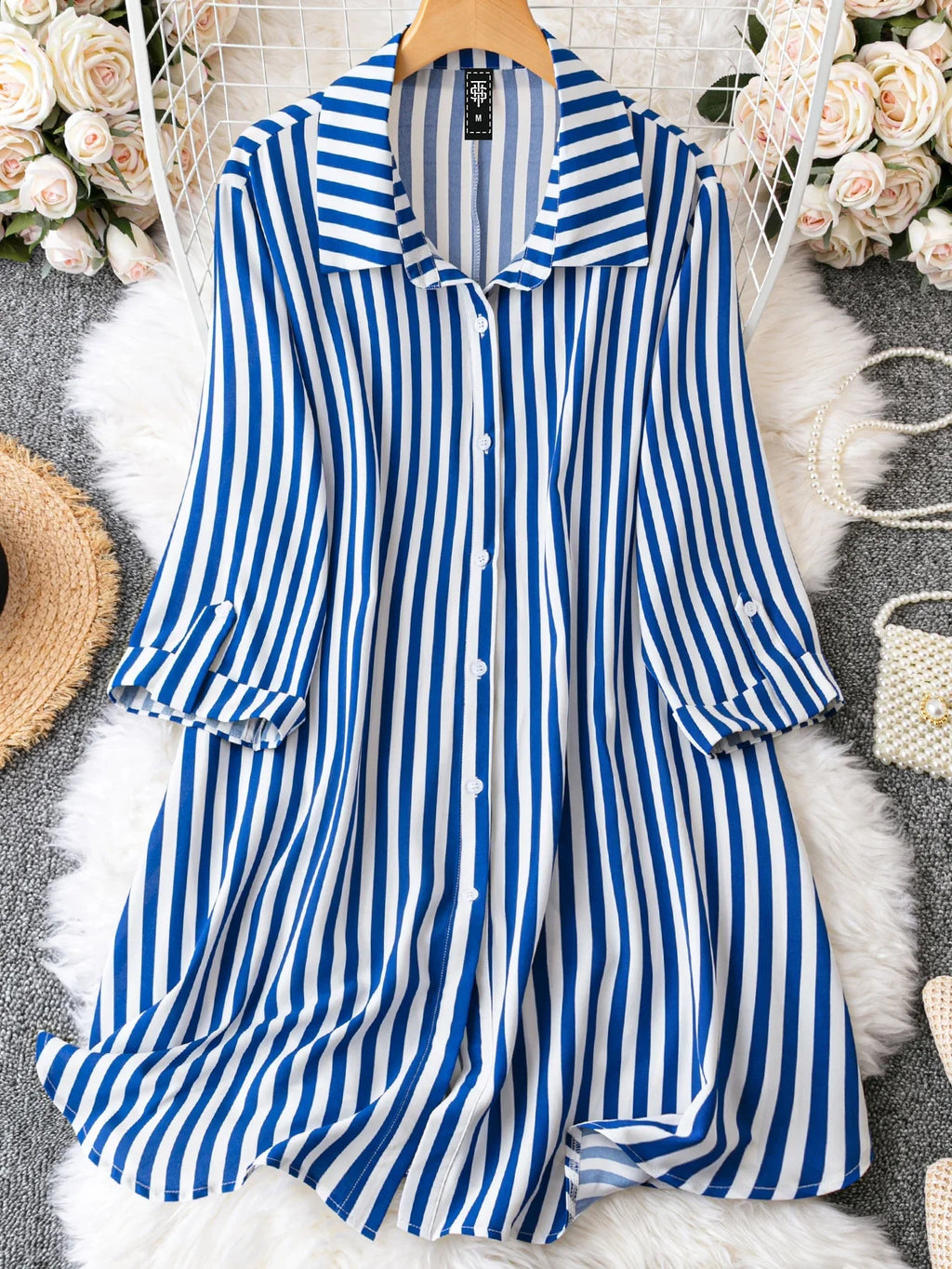 Classic Blue Stripe Shirt Dress