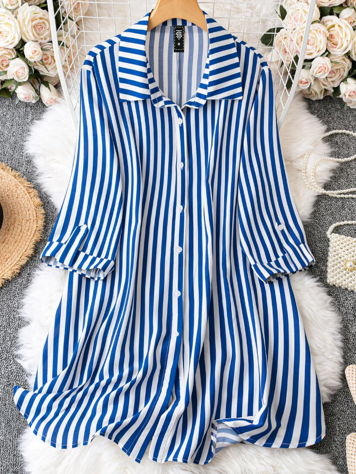 Classic Blue Stripe Shirt Dress