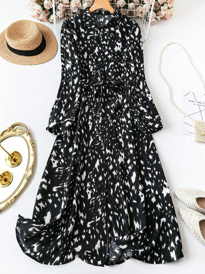 Elegant Black Animal Print Shirt Dress