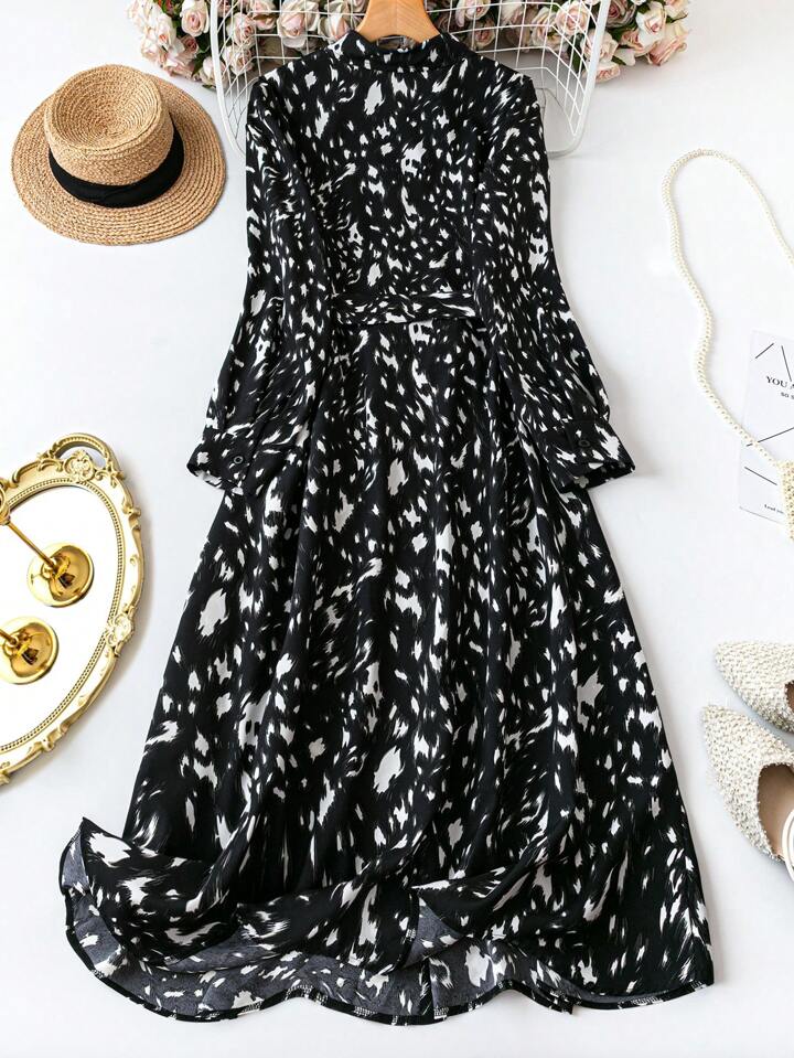 Elegant Black Animal Print Shirt Dress
