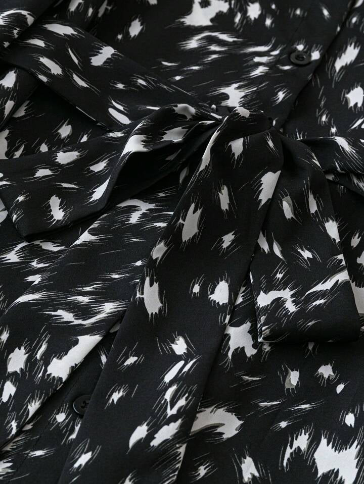Elegant Black Animal Print Shirt Dress