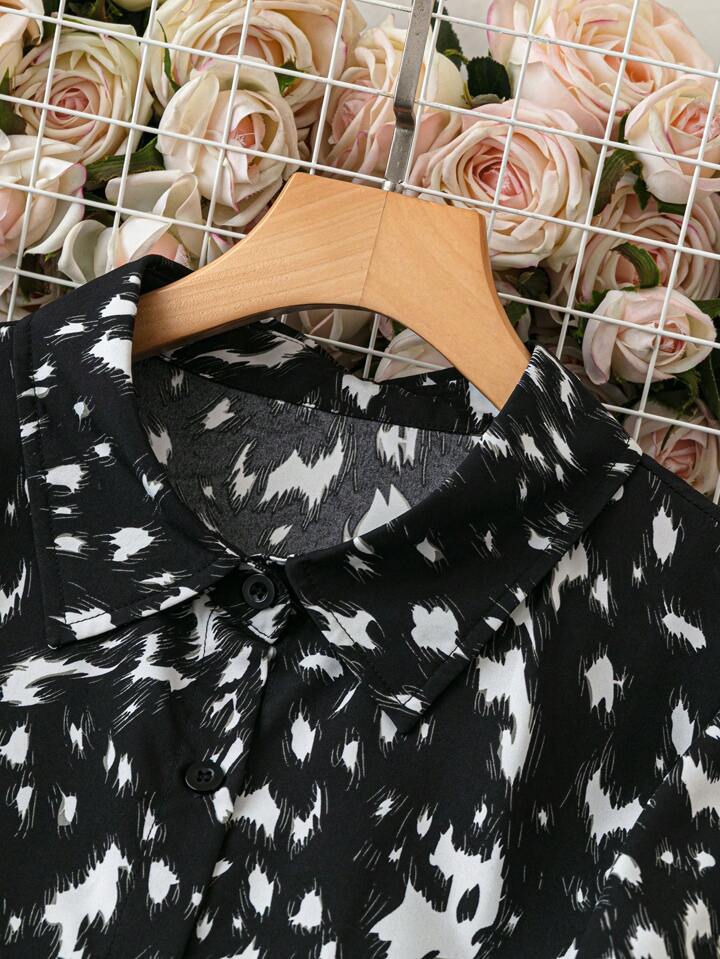 Elegant Black Animal Print Shirt Dress