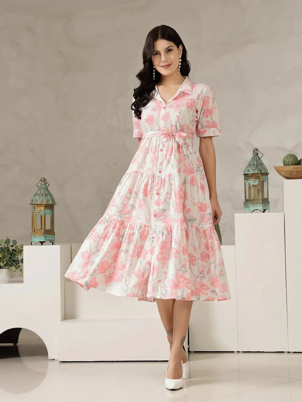Blush Elegance Floral Midi Dress