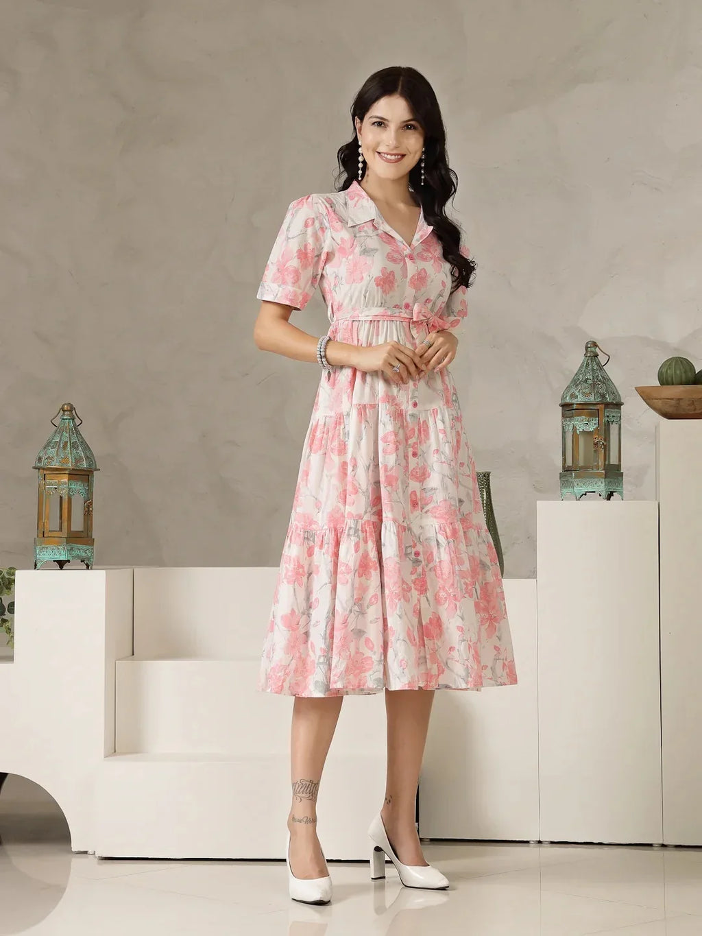 Blush Elegance Floral Midi Dress