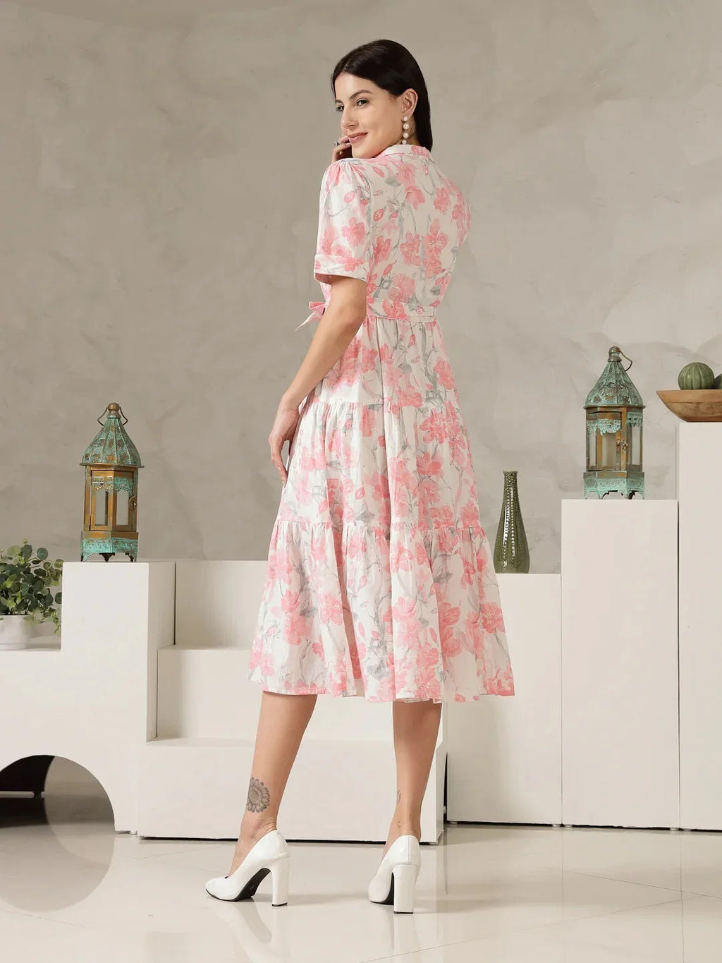 Blush Elegance Floral Midi Dress