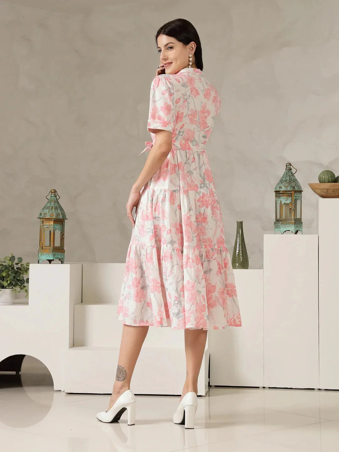 Blush Elegance Floral Midi Dress